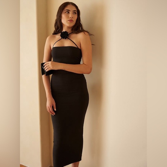 Black Bodycon Corsage Rosette Midi Dress - Picture 7 of 13